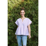 DROP SHOULDER SPLIT NECK STRIPE PEPLUM TOP: CORAL / L