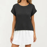 Short Sleeve Textured Knit Top with Crew Neck Ribbed Trim and Relaxed Fit: Light Beige / XL 16-18