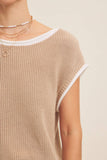 CONTRAST ROLLED EDGE KNITTED SWEATER VEST WITH ROUND NECK: NILE BLUE / S