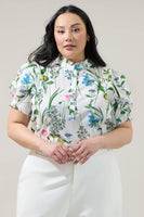 Clove Garden Floral Puff Sleeve Top Curve: WHT-PINK-GREEN / 3X