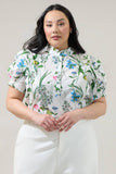 Clove Garden Floral Puff Sleeve Top Curve: WHT-PINK-GREEN / 3X