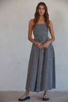 L6998 | Striped Tube Neck Strapless Flare Maxi Dress: Dusty Blue / S