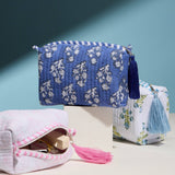 Blue Quilted Floral Cosmetic Pouch – Zipper Makeup Bag with Tassel: BL / ONE