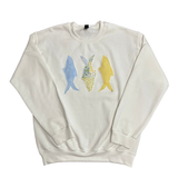 Colorful Patchwork Fish Sewn on a White Gildan Crewneck: M