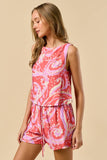ILS4569-1 Print Sleeveless Top with Matching Shorts Set: CORAL-LAVENDER / S