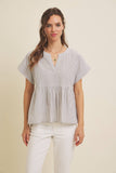 DROP SHOULDER SPLIT NECK STRIPE PEPLUM TOP: CORAL / S