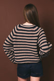 RAGLAN LONG SLEEVE CREW NECK STRIPED SWEATER CARDIGAN: BLUE-LT BLUE STRIPE / M