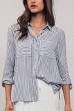 Relaxed Fit Vertical Striped Rayon Button Down Shirt: BLUE / S-2/M-2/L-2