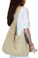 Crochet Woven Rattan Straw Wicker Hobo Bag: Beige