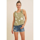 ROMANTIC EMBROIDERY BLOUSE TOP WITH BOW STRAPS: DUSTY BLUE / L