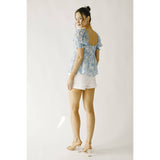 JT6166- TOILE FLORAL PRINT BABY DOLL TOP: WHITE BLUE FLORAL / S