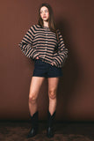 RAGLAN LONG SLEEVE CREW NECK STRIPED SWEATER CARDIGAN: BLUE-LT BLUE STRIPE / XS