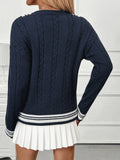 V-Neck Cable Knit Sweater with Contrast Stripes: Navy / M