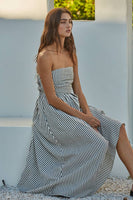 L6998 | Striped Tube Neck Strapless Flare Maxi Dress: Dusty Blue / S
