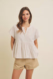 DROP SHOULDER SPLIT NECK STRIPE PEPLUM TOP: CORAL / S