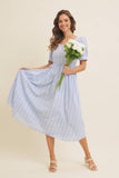 EMBROIDERED GINGHAM MIDI DRESS WITH PUFF SLEEVES: POWDER BLUE / M