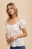 GINGHAM BABYDOLL TOP W/ HOOK & EYE: NATURAL LINEN / L
