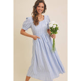 EMBROIDERED GINGHAM MIDI DRESS WITH PUFF SLEEVES: POWDER BLUE / M