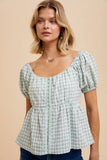 GINGHAM BABYDOLL TOP W/ HOOK & EYE: NATURAL LINEN / L