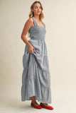 STRIPED SMOCKED-BODICE TIERED DRESS: DENIM / S
