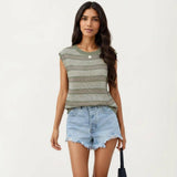 Sleeveless Striped Knit Top with Shoulder Button Detail and Relaxed Fit: Black / Large 12-14