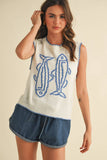 IT4194 FISH PRINTED SLEEVELESS SWEATER TOP: CREAM/BLUE / L
