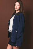 OVERSIZED WASHED BARN JACKET WITH LEATHER COLLAR: NAVY-DK BROWN / L