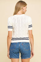 STRIPE DETAILED CABLE SWEATER - 5991W: OFF WHITE/NAVY / L