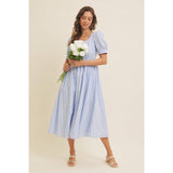 EMBROIDERED GINGHAM MIDI DRESS WITH PUFF SLEEVES: POWDER BLUE / S