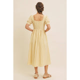 EMBROIDERED GINGHAM MIDI DRESS WITH PUFF SLEEVES: POWDER BLUE / S
