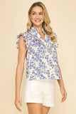 FLORAL RUFFLE DETAILED BLOUSE TOP - 6212T: Blue / L