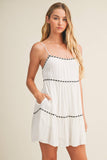 TAPE TRIM WITH SHIRRED TIERED ROMPER DRESS: SNOW WHITE / L