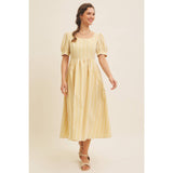 EMBROIDERED GINGHAM MIDI DRESS WITH PUFF SLEEVES: POWDER BLUE / L