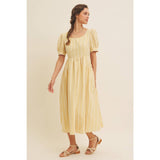 EMBROIDERED GINGHAM MIDI DRESS WITH PUFF SLEEVES: POWDER BLUE / S