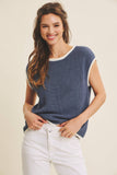 CONTRAST ROLLED EDGE KNITTED SWEATER VEST WITH ROUND NECK: NILE BLUE / M