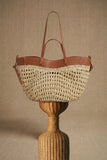 Woven Raffia & Leather Trim Double Strap Tote: Tan