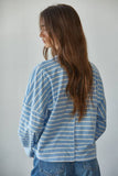 L8797T | Knit Cotton Striped Mock Neck Long Sleeve : Navy White / M