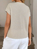 Striped Short Sleeve Knit Top: Beige / XL