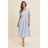 EMBROIDERED GINGHAM MIDI DRESS WITH PUFF SLEEVES: POWDER BLUE / S
