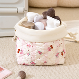 Patterned Quilted Drawstring Cosmetic Bag: Pink Bow