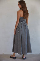 L6998 | Striped Tube Neck Strapless Flare Maxi Dress: Dusty Blue / S
