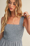 STRIPED SMOCKED-BODICE TIERED DRESS: DENIM / L