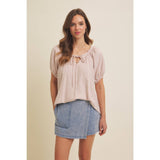 LIGHTWEIGHT STRIPE FLARE PEASANT BLOUSE WITH PUFF SLEEVES: SKY BLUE / M