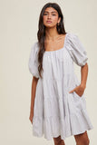 STRIPED PUFF SLEEVE MINI DRESS / WL25-10453: IVORY/BLACK / L