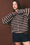 RAGLAN LONG SLEEVE CREW NECK STRIPED SWEATER CARDIGAN: BLUE-LT BLUE STRIPE / L