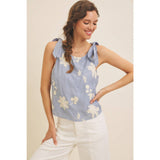 ROMANTIC EMBROIDERY BLOUSE TOP WITH BOW STRAPS: DUSTY BLUE / M