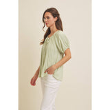 LIGHTWEIGHT STRIPE FLARE PEASANT BLOUSE WITH PUFF SLEEVES: SKY BLUE / M