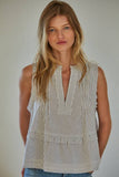 L7920 | Woven Cotton Polyester Striped Sleeveless Blouse Top: Cream Black / S