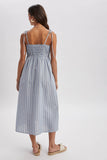 STRIPED SELF SHOULDER TIE MIDI DRESS / WL25-11446: BLUE/WHITE / S