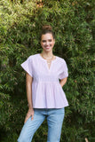 DROP SHOULDER SPLIT NECK STRIPE PEPLUM TOP: CORAL / M